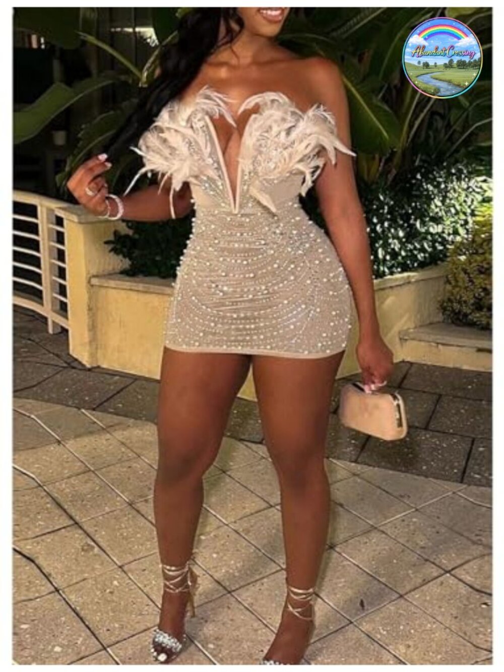 Women's Deep V Neck Rhinestone Feather Bodycon Mini Dress Strapless Sleeveless